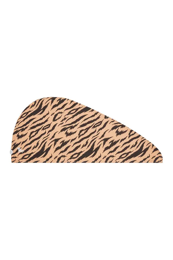 Dock & Bay 100% Recycled Hair Wrap or Hair Towel Fierce Tiger neutral background with black tiger stripes. Hair Wrap shown laid out flat.