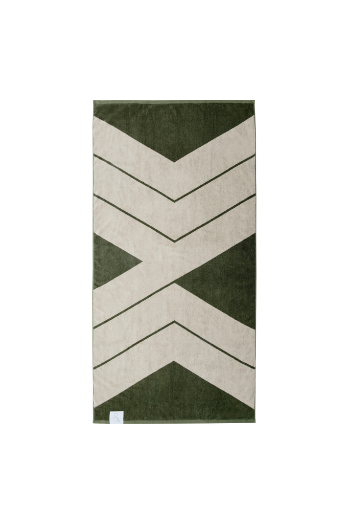& Sunday Ranger Organic Cotton Pool Towel Beach Towel  Fern Green and Cream Diagonal Pattern Front Side