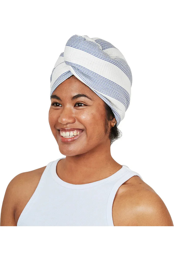 Dock & Bay Blue & White Striped Waffle Hair Wrap Storm Cloud being worn by a model.