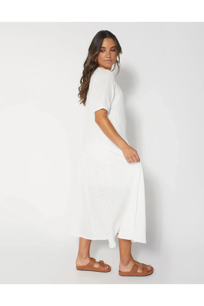 Dear Sutton Sena White Dress, Short Sleeved, Midi Length, Cotton Muslin White Dress, side model view