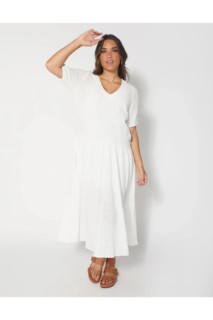Dear Sutton Sena White Dress, Short Sleeved, Midi Length, Cotton Muslin White Dress, front view