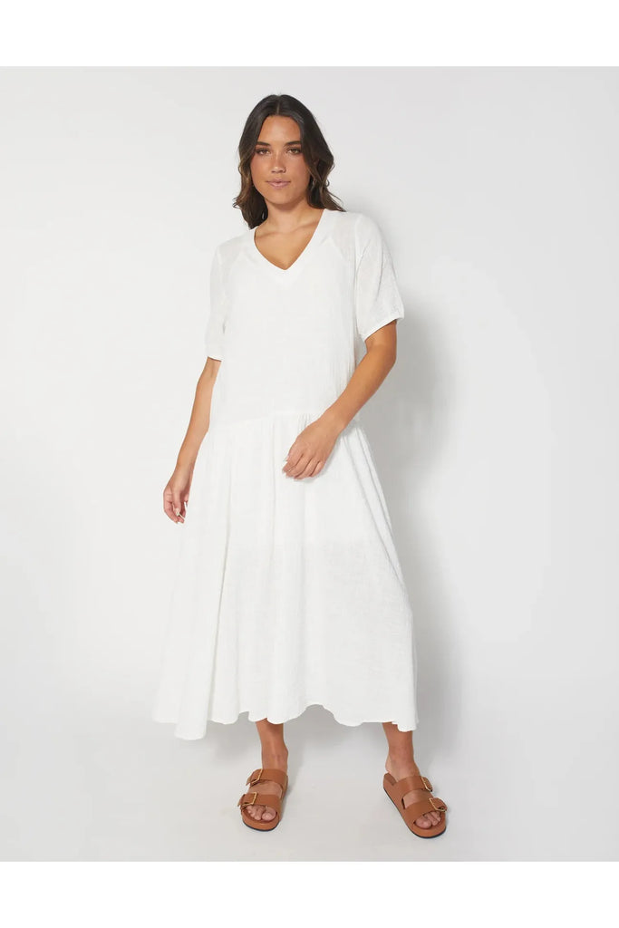 Dear Sutton Sena White Dress, Short Sleeved, Midi Length, Cotton Muslin White Dress, front model view