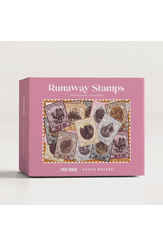 Piece House Jigsaw Puzzles Runaway Stamps a Collaboration with Karen Walker.  Images shows outer box.