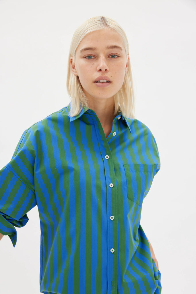 LMND Chiara Cotton Shirt Dusk Blue and Forest Green model view front
