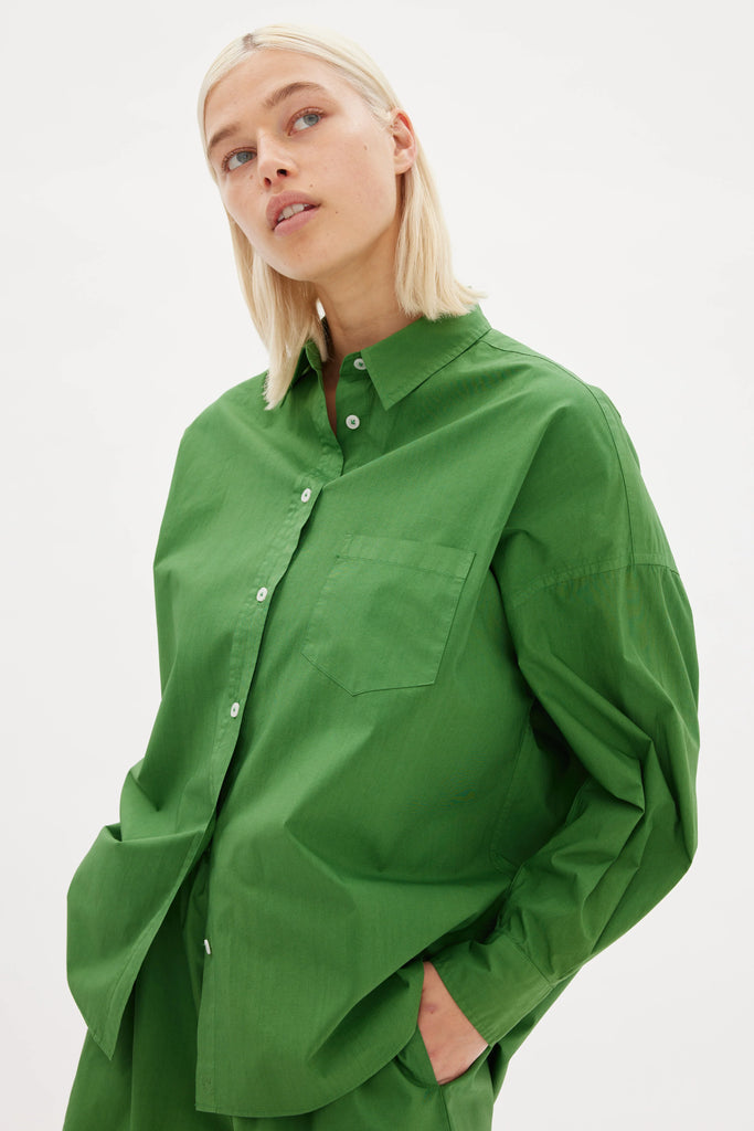 LMND Chiara Shirt Forest Green Cotton on model side view