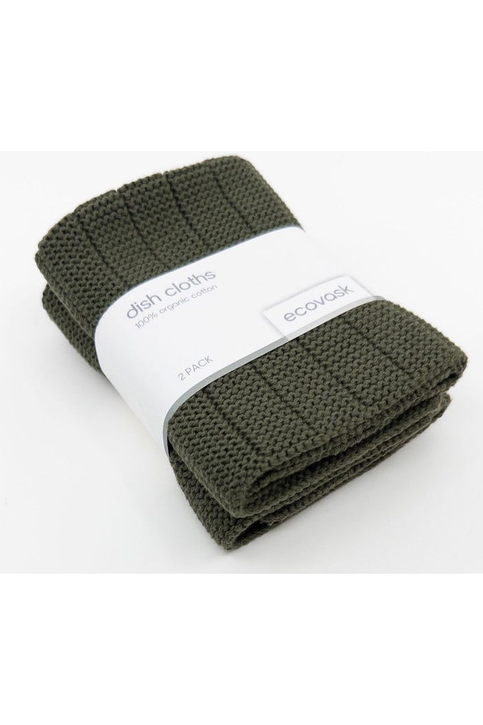 Ecovask Organic Cotton 2 pack of Dishcloths in Olive.  Dishcloths shown folded and stacked on top of one another and held together by a branded belly band.