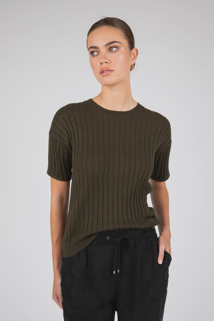 Marlow Reign Rib Knit tee Cypress Green on model front view with black Aspire Pants
