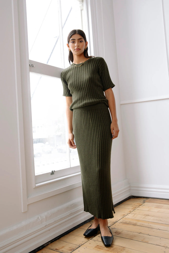 Marlow Reign Rib Knit tee Cypress Green on model front view with Reign Rib Knit Skirt Cypress