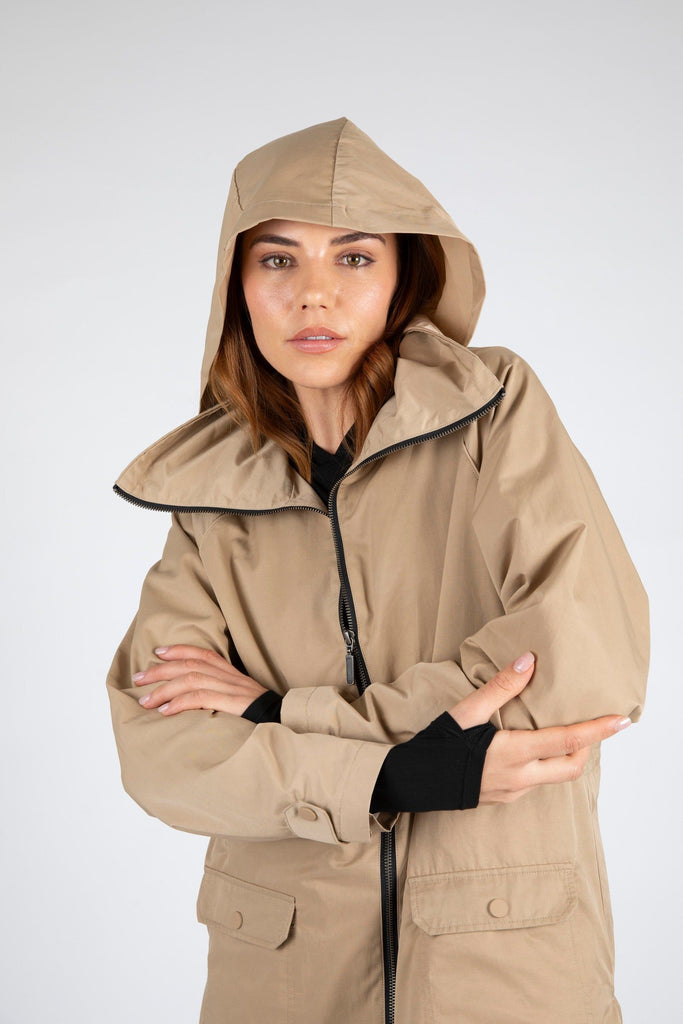 Marlow Westerly Jacket Camel, hip length, shower proof, front view with hood up