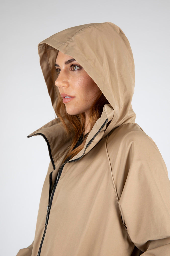 Marlow Westerly Jacket Camel, hip length, shower proof, side view with hood up