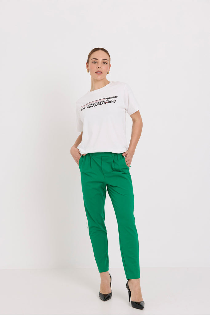 Tuesday label Bobbie pants Green + White front view on model