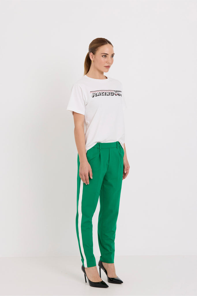 Tuesday label Bobbie pants Green + White side view on model