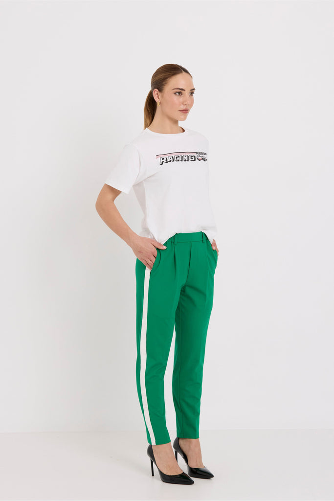 Tuesday label Bobbie pants Green + White side view on model