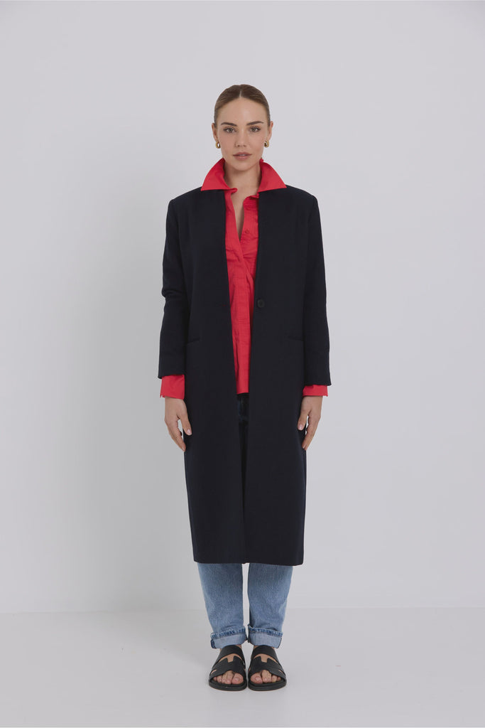 Tuesday Label Dorothy Coat Navy on model front view