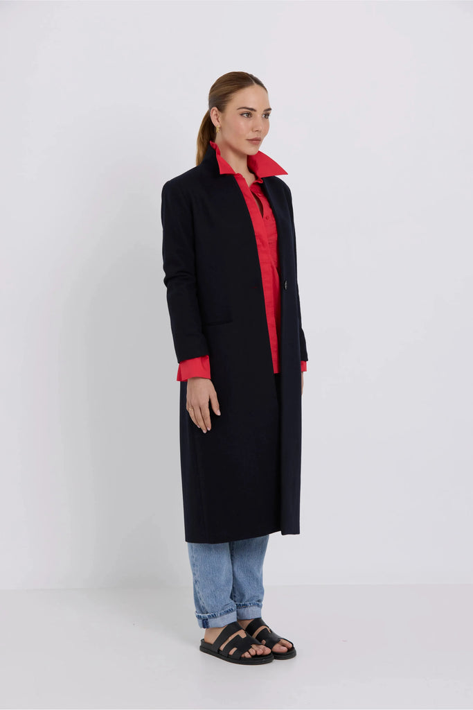 Tuesday Label Dorothy Coat Navy on model side view