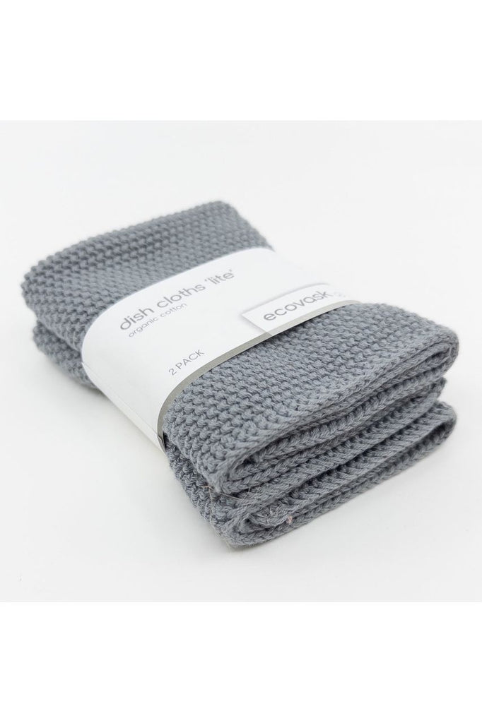 Ecovask 2 Pack Organic Cotton Lite Dish Cloths in Steel Grey. Cloths folded stacked and held together by branded paper belly band.