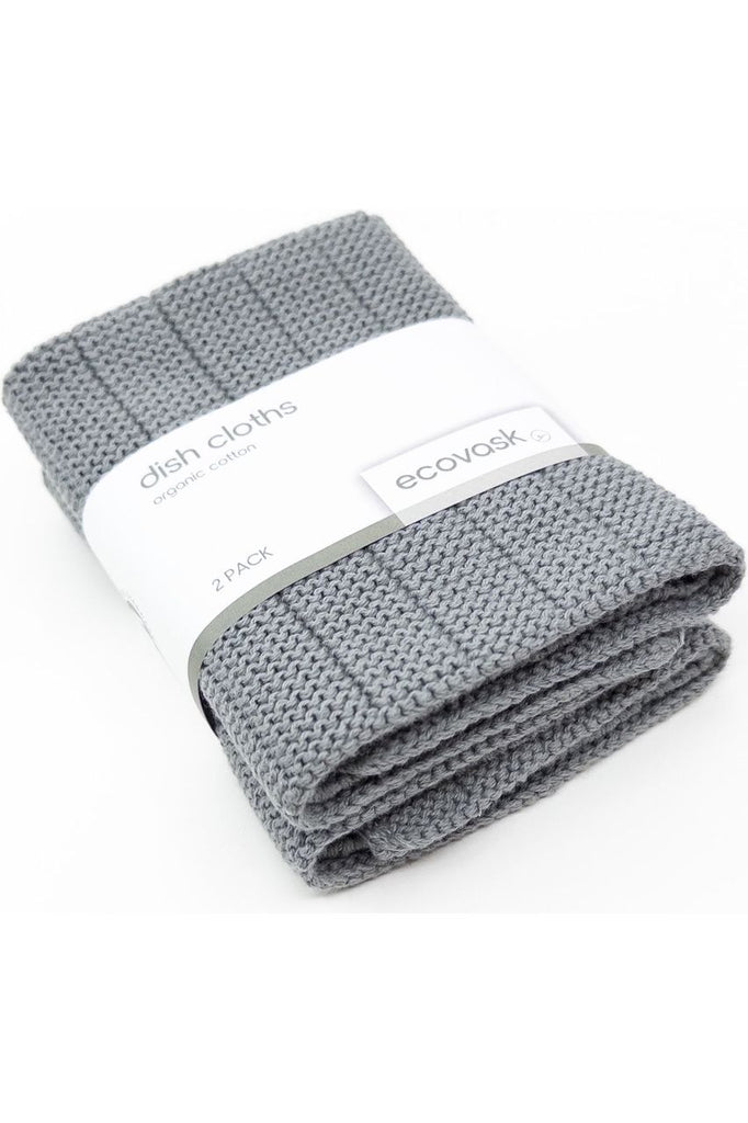 Ecovask 2 pack organic cotton dish cloths in Steel a Lighter Blue Grey.  Cloths folded and stacked on top of one another  and held together with a branded belly band.