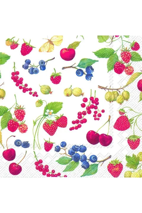 IHR Paper Luncheon Napkin Fruits of Summer featuring strawberries, blueberries, raspberries and cherries on a white background
