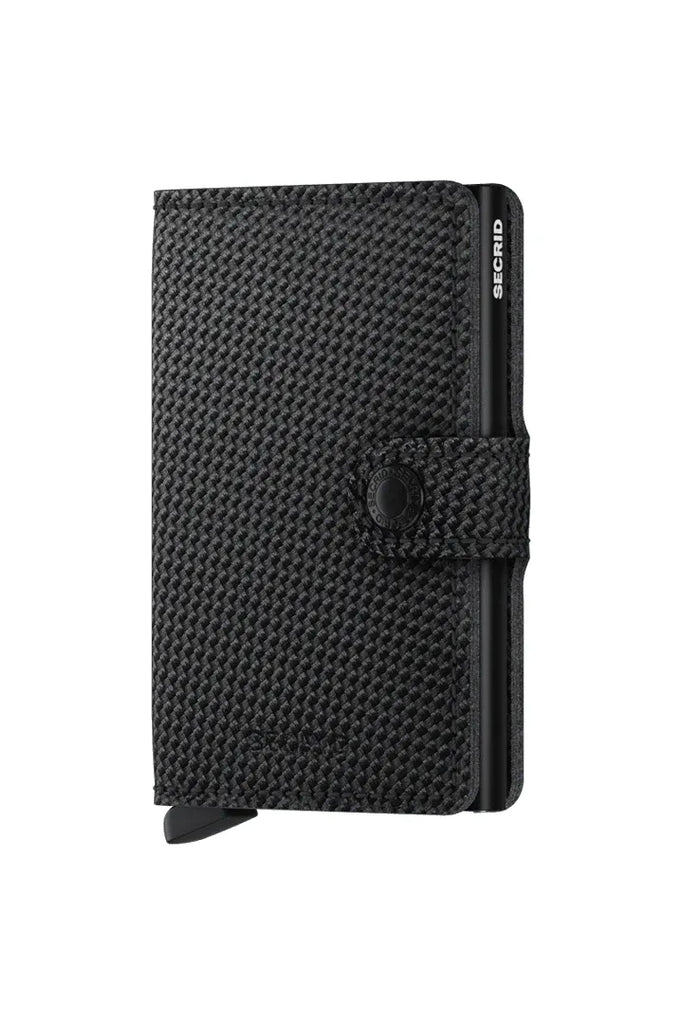 Secrid Miniwallet Carbon Black Angle View showing front wallet and interior aluminum cardprotector