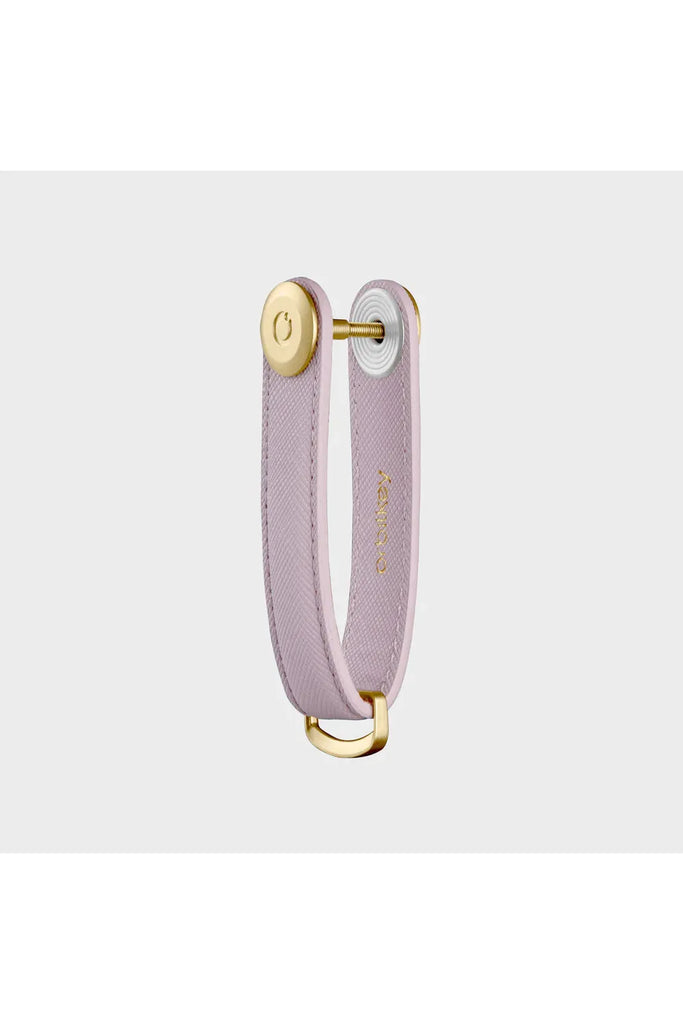 Orbitkey Leather Key Organiser Saffiano Leather Lilac angle view showing screw mechanism that holds the keys in place