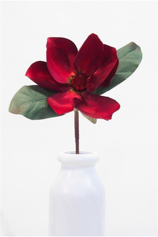 Faux Red Magnolia Spray With Leaves Faux Flowers + Foliage Flower Systems