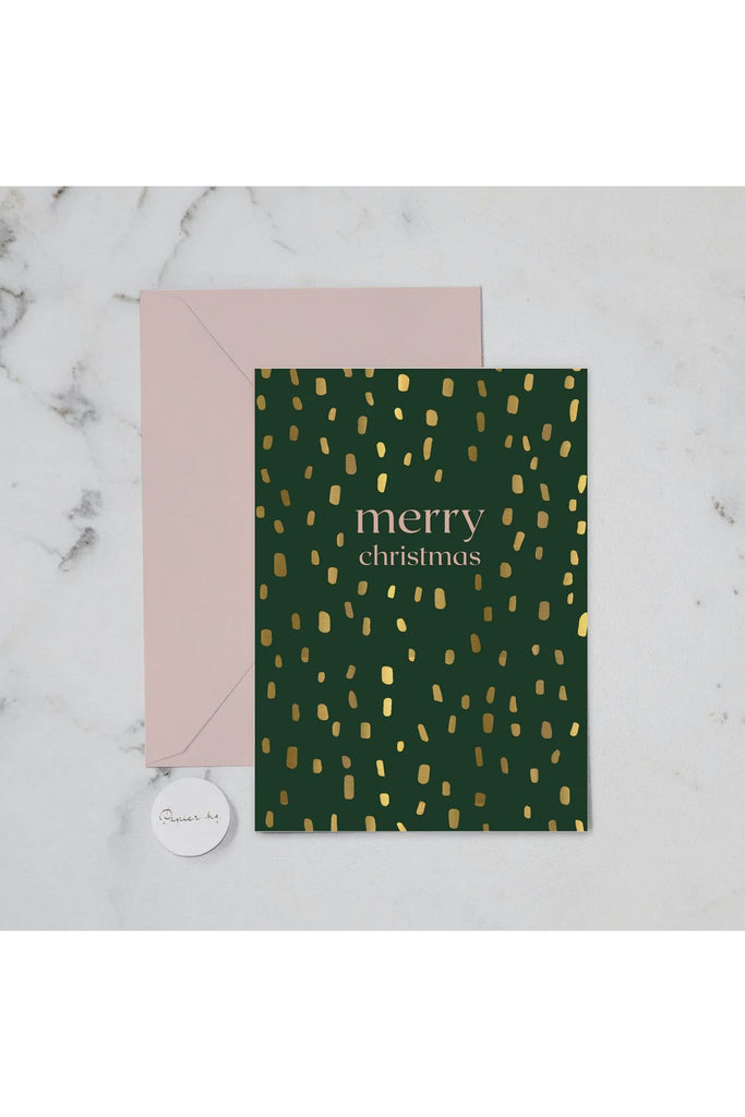 Papier HQ Christmas Greeting Card featuring the words Merry Christmas printed on a Forest Green background and Gold Foil Spots