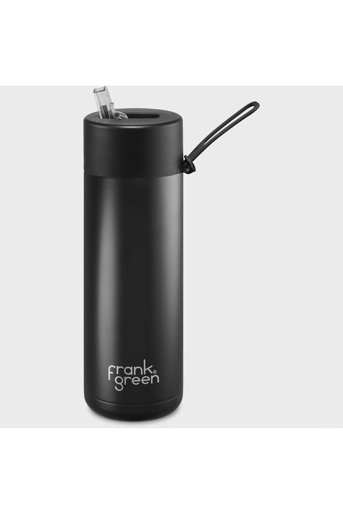 Frank Green 20oz Reusable Ceramic Drink Bottle in Midnight Black. Side View showing mouth sipper standing upright and bottle handle 