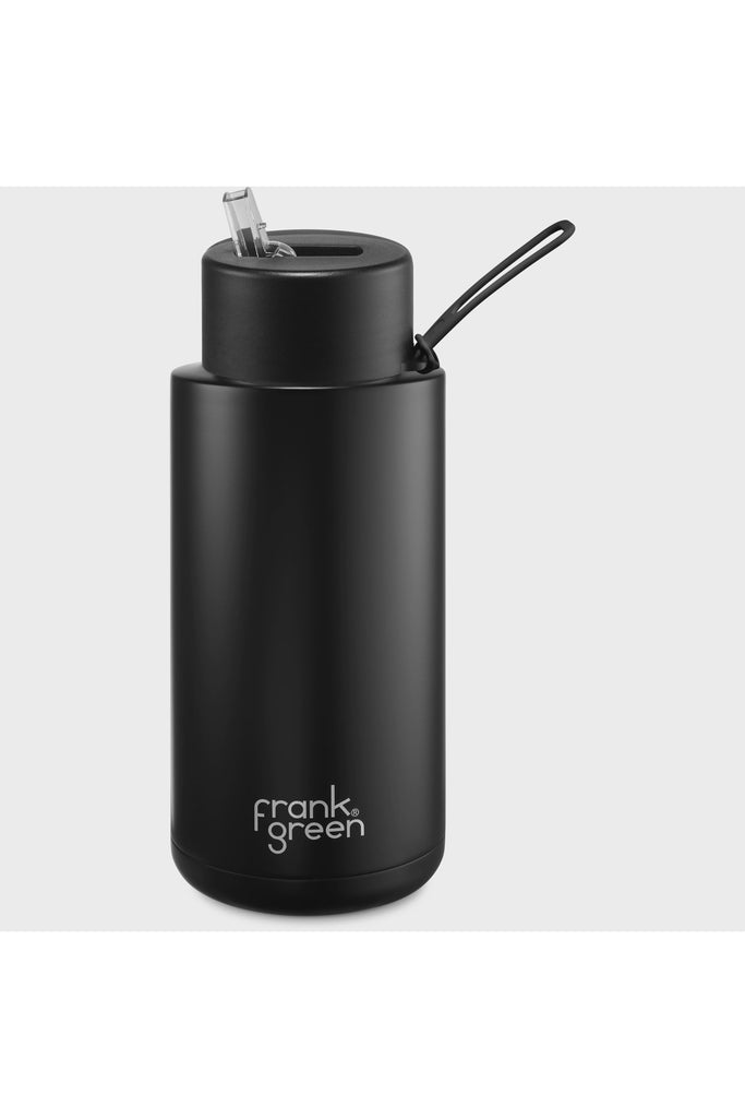 Frank Green Reusable 340z Ceramic Bottle with Straw Lid in Midnight Black Side Profile showing Sipper standing upright and handle