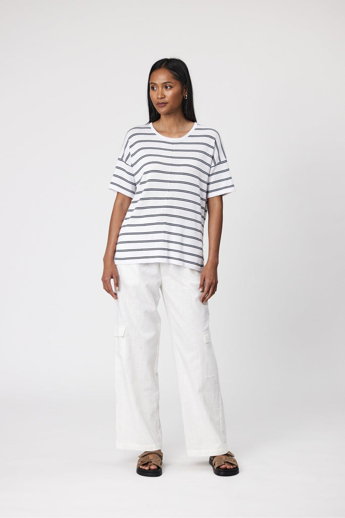 Marlow Leisure Knit Stripe Tee White with navy Stripe front view