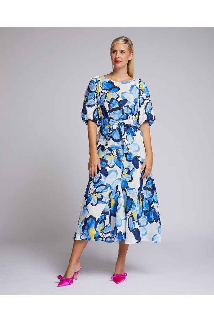 Arlington Milne Mirabella dress, linen blue floral midi length dress with elbow length sleeves