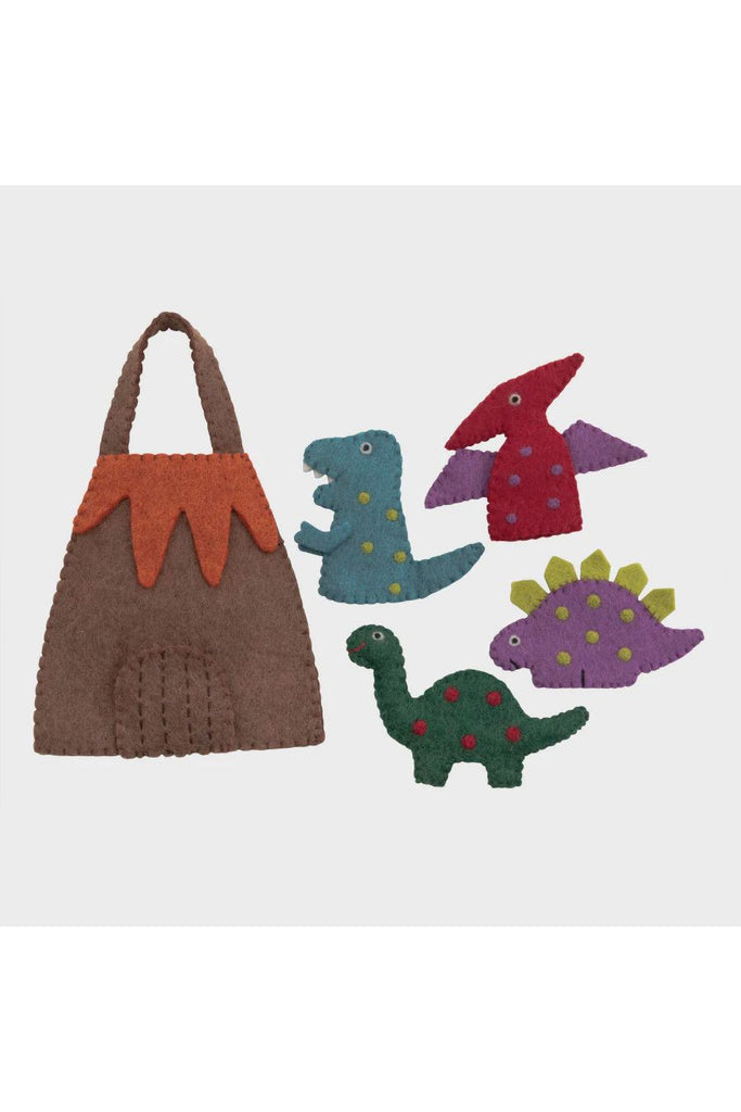 Pashom Dinosaur Finger Puppet Play Bag photo showing play bag and 4 finger puppets