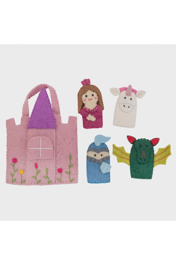 Pashom Princess Finger Puppet Play Bag image shows Play Bag and 4 included finger puppets
