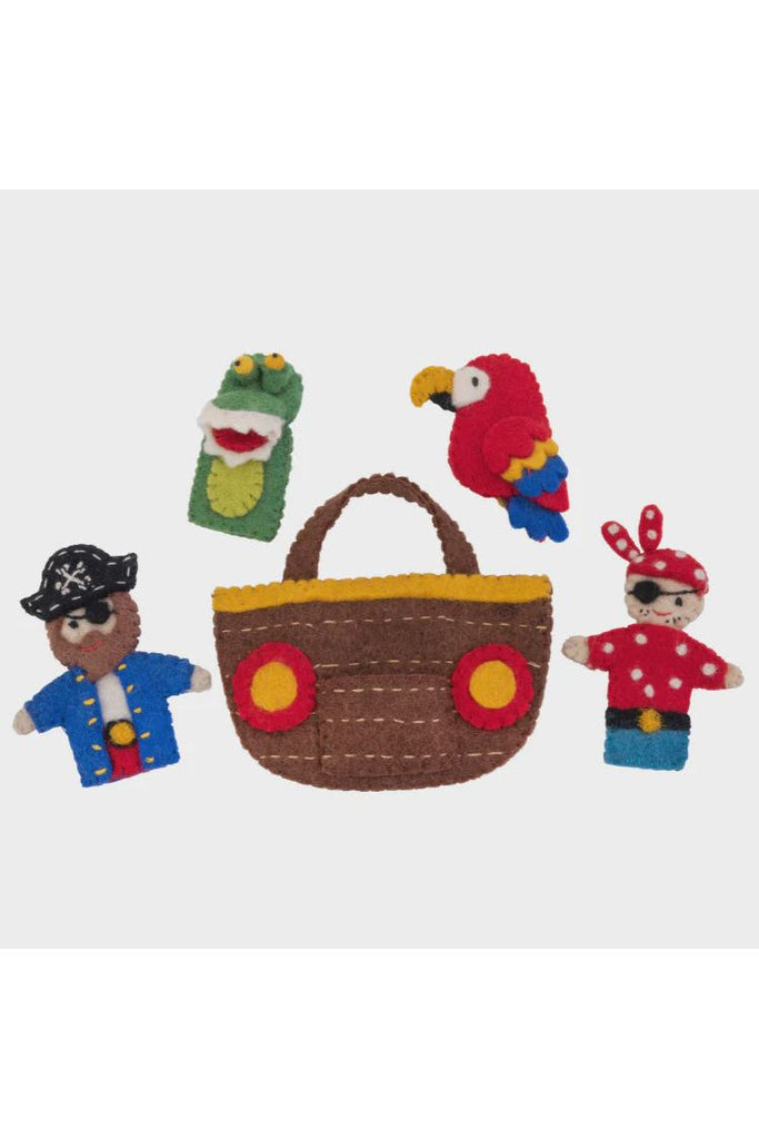 Pashom Pirate Finger Puppet Play Bag image shows carry bag and four included finger puppets