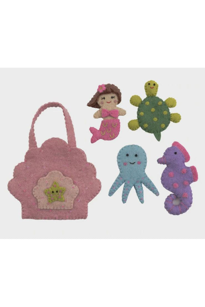 Pashom Mermaid Finger Puppet Play Bag image shows Play Bag and 4 Finger puppets