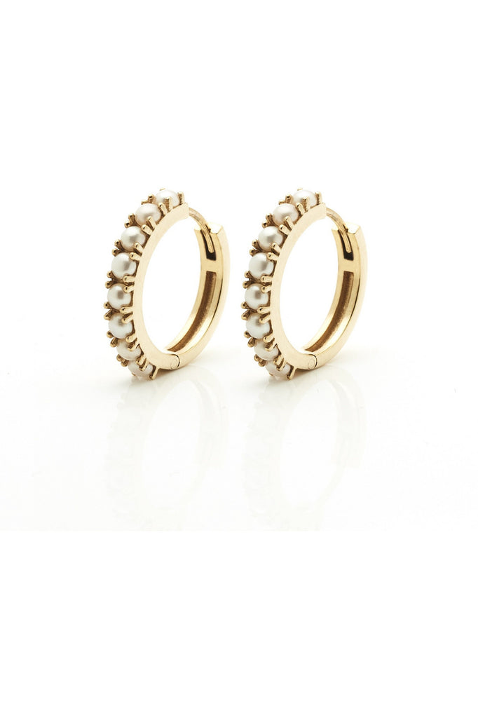 Silk & Steel Venus Sleeper Earrings, round gold hoop with freshwater pearls. 