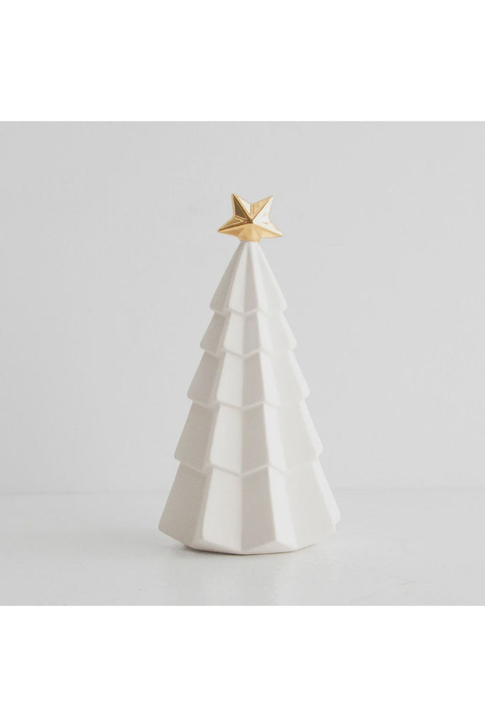 White stoneware Christmas tree ornament with gold star topper by Robert Gordon, styled for Christmas at Crisp Home + Wear.