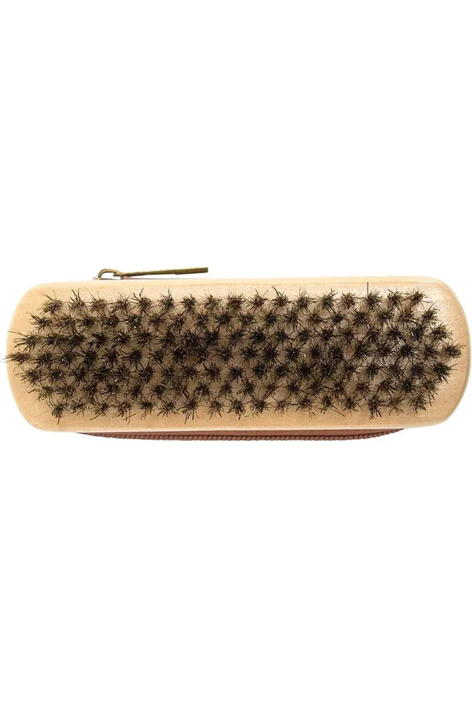 Annabel Trends Gentlemen's Beard Grooming Kit.  Image shows bristles of brush which sits underneath the Vegan Leather Zip pouch.