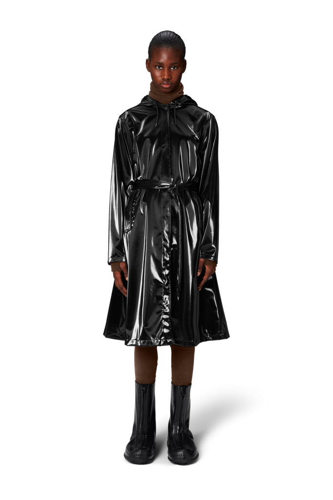 Rains A Line Longer Jacket Night Shiny Black on model