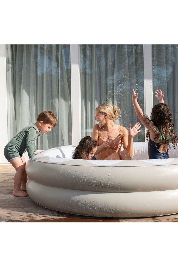Scallop Clay Round Inflatable Paddling Pool Side View of Pool Shows Adult & Children having Fun in the Pool