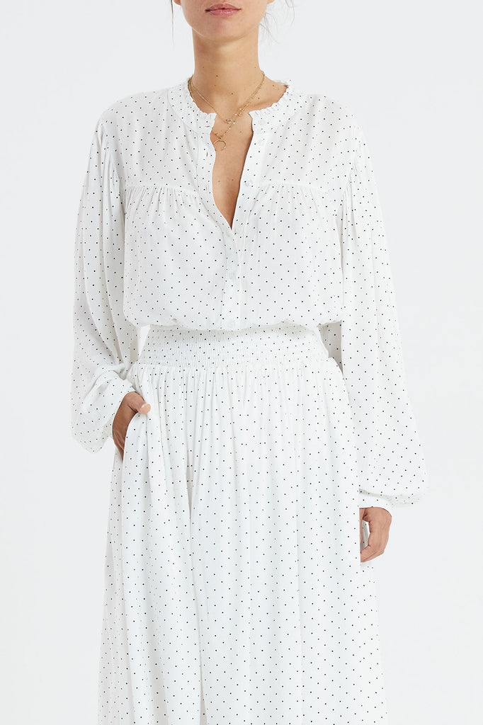 Lollys Laundry Cara Shirt White base with a black dot print. Long sleeve, fully buttoned.