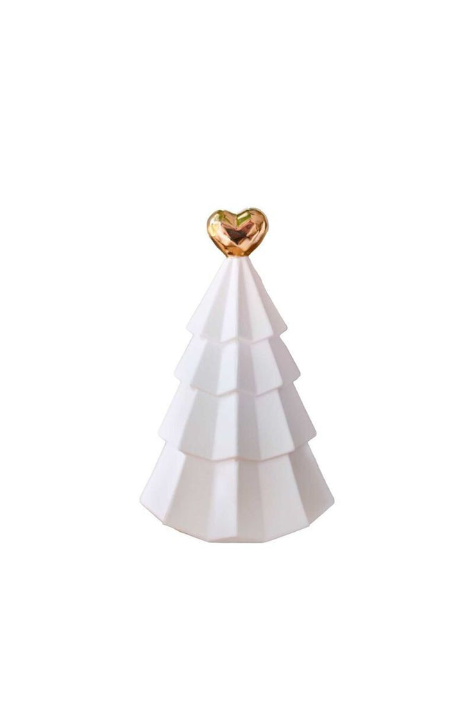 White stoneware Christmas tree ornament topped with a gold heart from Robert Gordon, available at Crisp Home + Wear.