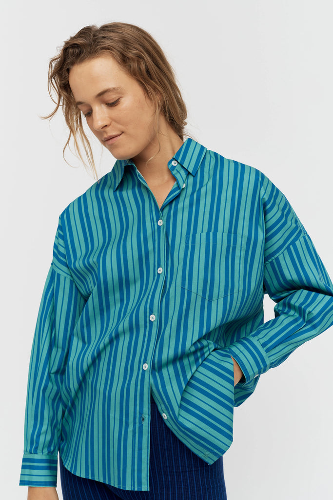 LMND Chiara Stripe Shirt Mystic Green and Electric indigo