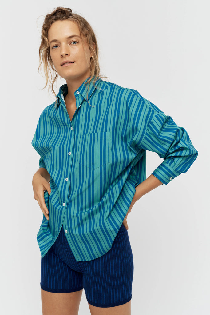 LMND Chiara Stripe Shirt Mystic Green and Electric indigo