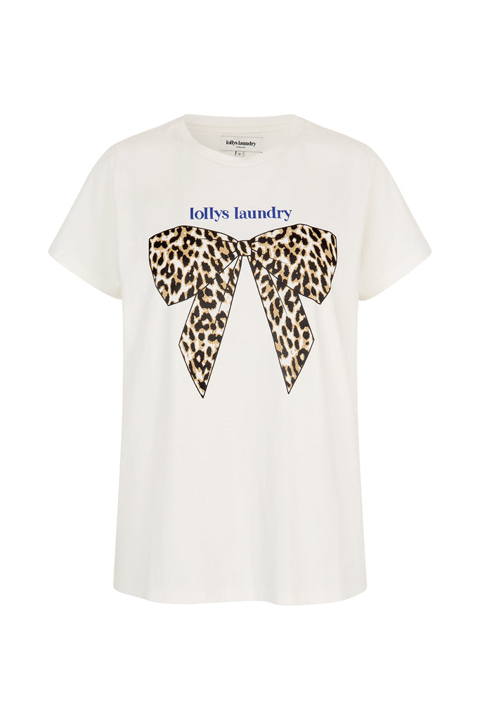 White t-shirt with a leopard print bow design. Lollys Laundry Roma Tee White.