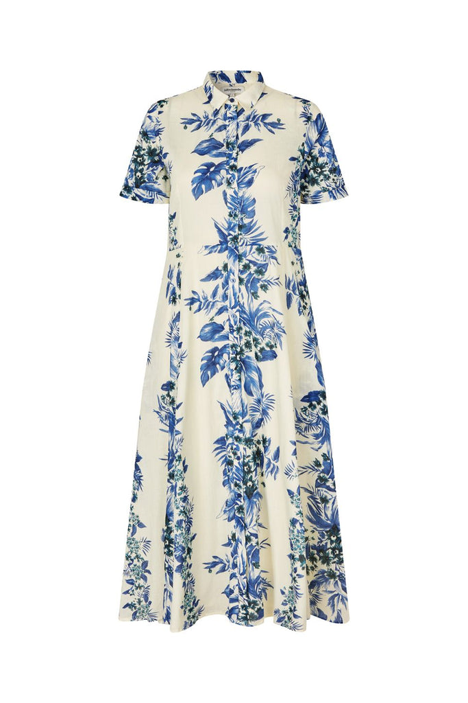 Long dress with blue floral pattern on a white background
