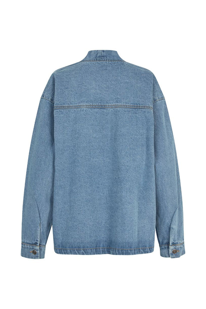 blue denim jacket with patch details on a white background. Lollys Laundry Mila Jacket washed denim.