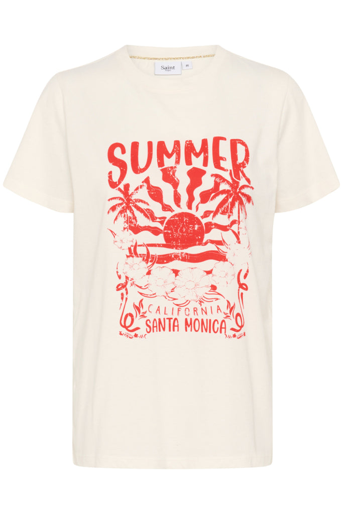 Beige t-shirt with red 'Summer California Santa Monica' graphic design on a white background.  Saint Tropez Kuvi T-Shirt in Ice.