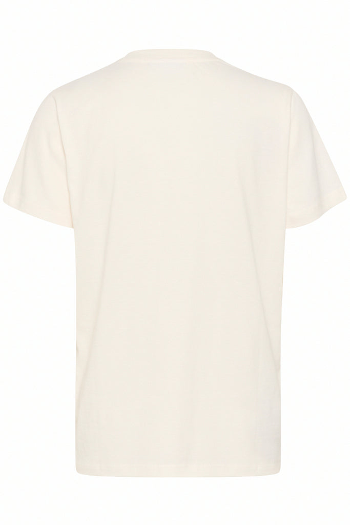 Beige t-shirt with red 'Summer California Santa Monica' graphic design on a white background.  Saint Tropez Kuvi T-Shirt in Ice.