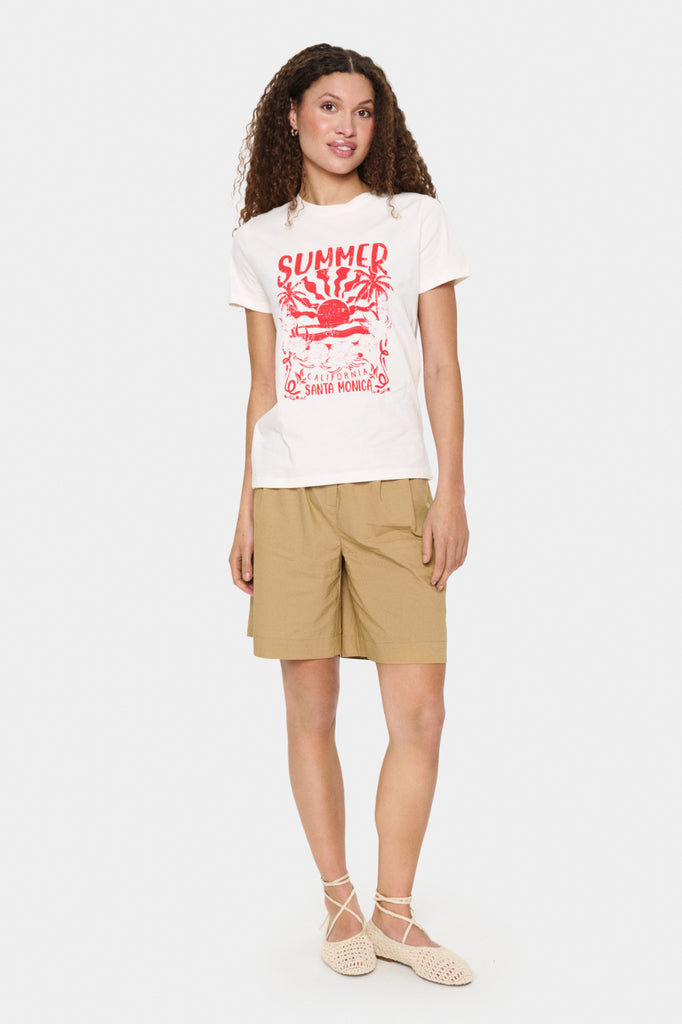 Beige t-shirt with red 'Summer California Santa Monica' graphic design on a white background.  Saint Tropez Kuvi T-Shirt in Ice.