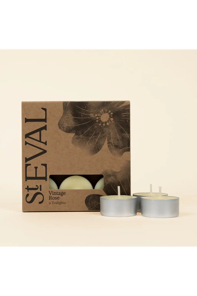 St Eval vintage rose tealights with packaging on a beige background